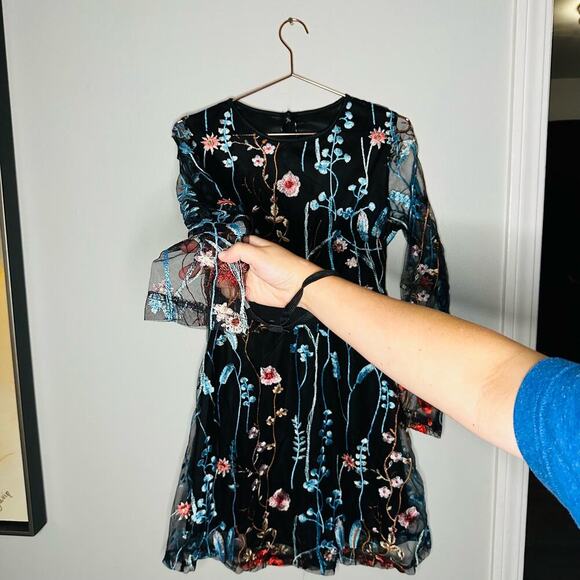 Unbranded Women's Black Long Sleeve Mesh Embroidered A-Line Mini Dress Size S - Picture 8 of 9